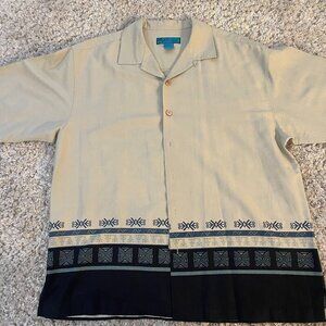 Paradise Cove Silk Camp Shirt Beige Geometric Hem
